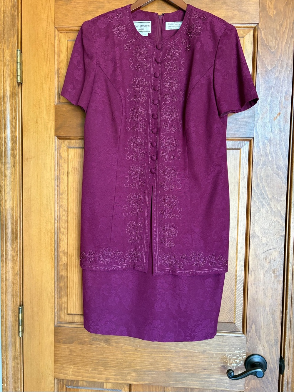 Karin Stevens Sz12 Embroidered Beaded Vintage Short-Sleeve Midi Dress Burgundy